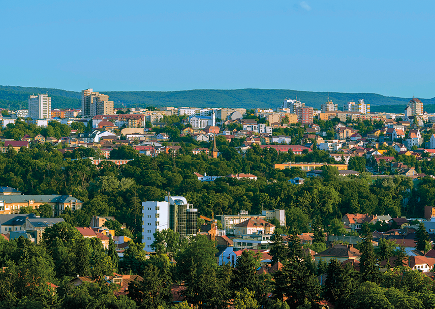 Fotografia. Vista geral de local com árvores de folhas verdes, entre casas de telhados em marrom e poucos prédios de tamanho médio. Ao fundo, morros escuros e na parte superior, céu em azul-claro.