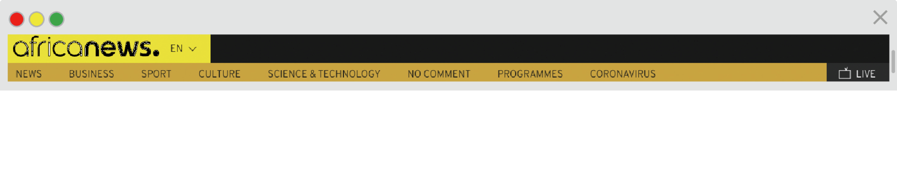 Reprodução de página da internet. Na parte superior, à esquerda, fundo amarelo e texto em preto: africanews. Menu: En. Abaixo, menus: News, Business, Sport, Culture, Science o, menus: News, Business, Sport, Culture, Science and Technology, No comment, Programmes, Coronavirus.