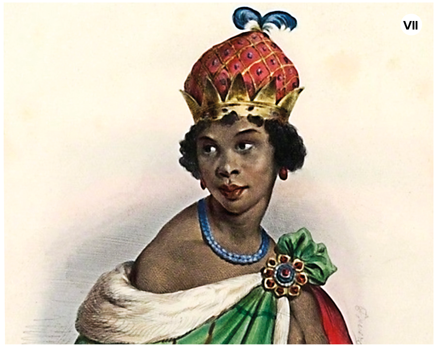 Imagem sete. Pintura. Uma mulher negra vista dos ombros para cima, de cabelos pretos curtos encaracolados, com colar azul, roupa verde, de gola branca de pelos e sobre a cabeça uma coroa dourada com parte vermelha e plumas azuis. Ela olha para a esquerda, ao longe.
