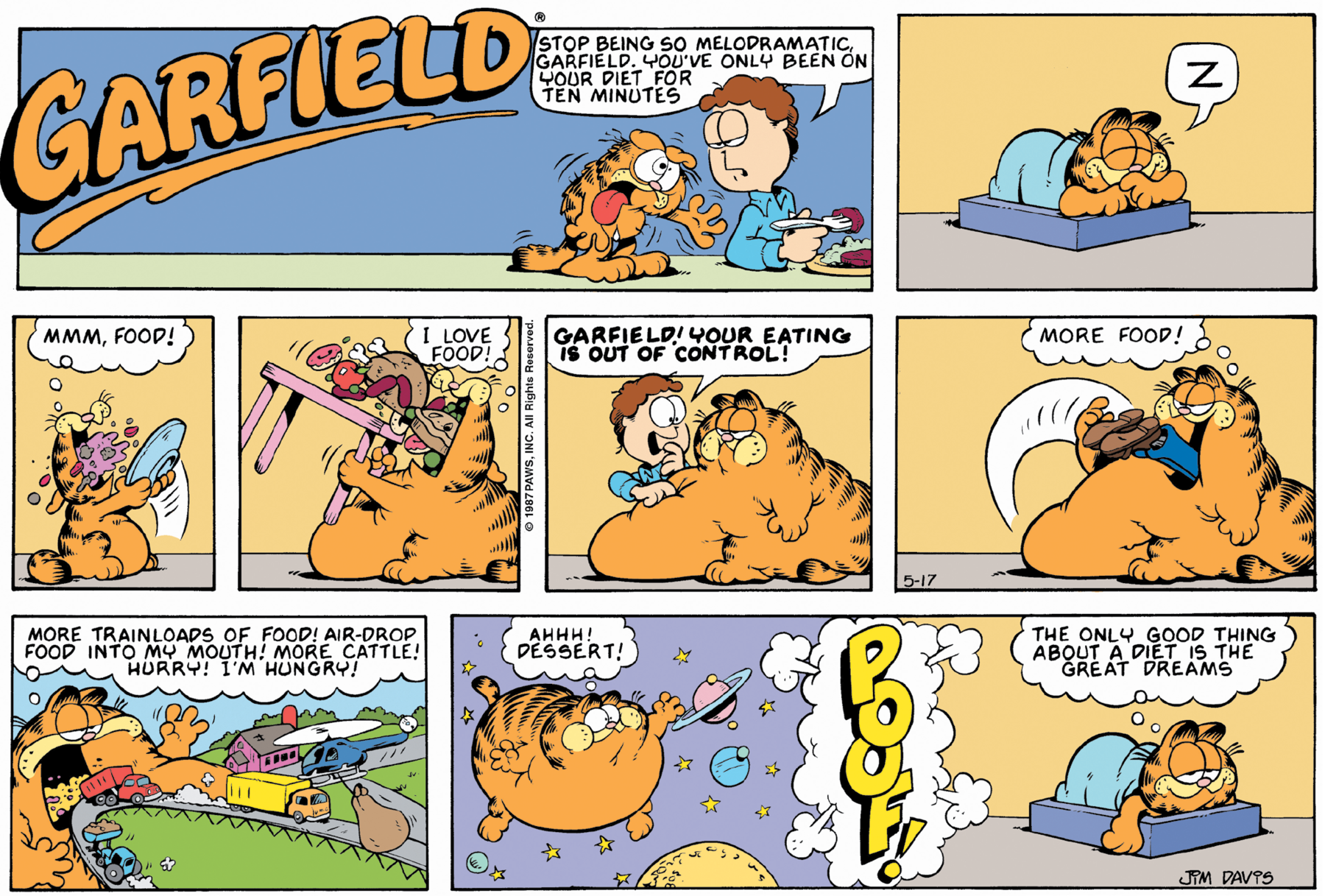 História em quadrinhos. Composta por oito quadros. Apresenta como personagens: Garfield, um gato de tamanho médio de cor laranja, com os olhos grandes, arredondados, manchas em preto no rabo e no dorso do corpo. Jon, homem de cabelos encaracolados em marrom, com camisa de gola em azul-claro e olhos bem grandes e arredondados. Título: Garfield. Quadro um: Sobre uma mesa comprida na horizontal em cinza claro, Garfield em pé sobre ela com o corpo para a direita, boca aberta com a língua para fora, olhos esbugalhados, pata dianteira para a frente com dedos entreabertos e linhas pretas pelo corpo e cabeça. Jon à direita, sentado de frente para mesa, com um garfo com comida marrom na mão direita e perto dele, um prato com comida em branco e marrom. Jon olhando para Garfield e dizendo: STOP BEING SO MELODRAMATIC, GARFIELD. YOU’VE ONLY BEEN ON YOUR DIET FOR TEN MINUTES. Quadro dois: Garfield deitado sobre uma cama pequena retangular em azul e com uma manta em azul-claro sobre ele. Ele está de olhos fechados, com leve sorriso e patas perto da boca dele. Próximo a ele, balão de fala: Z. Quadro três: Garfield em pé, com a barriga inchada, pegando nas patas dianteiras um prato cheio de comida que ele joga para dentro de sua boca. Ele pensa: MMM, FOOD! Quadro quatro: Garfield à direita, com a barriga maior voltado para a esquerda, duas vezes maior que o tamanho normal, pega com as patas dianteiras uma mesa com muitas comidas sobre ela e as leva para dentro da sua boca. Ele pensa: I LOVE FOOD! Quadro cinco: Garfield com o corpo para a esquerda, maior ainda devido a quantidade de comida, olhando ao longe e perto dele, Jon, com a mão esquerda sobre a barriga de Garfield e o fala: GARFIELD! YOUR EATING IS OUT OF CONTROL! Quadro seis: Garfield na mesma posição, com a pata dianteira esquerda lança Jon para dentro da boca dele. Vê-se apenas as pernas de Jon para fora da boca. Garfield, pensa: MORE FOOD! Quadro sete: Garfield à esquerda, visto da cintura para cima, com a boca bem aberta comendo toda a cidade, com grama verde, rua, caminhões passando, casa de paredes rosa e helicóptero azul sobrevoando no céu. Ele pensa: MORE TRAINLOADS OF FOOD! AIR-DROP FOOD INTO MY MOUTH ! MORE, CATTLE ! HURRY ! I’M HUNGRY! Quadro oito: Garfield à esquerda, ainda inchado, com o corpo flutuando no espaço sideral, em roxo, com estrelas pequenas em amarelo, três esferas celestes. Ele pensa: AHHH! DESSERT! Ao centro, texto! POOF! À direita, Garfield deitado, olhando para frente, com a pata esquerda para fora da cama e pensa: THE ONLY GOOD THING ABOUT A DIET IS THE GREAT DREAMS.