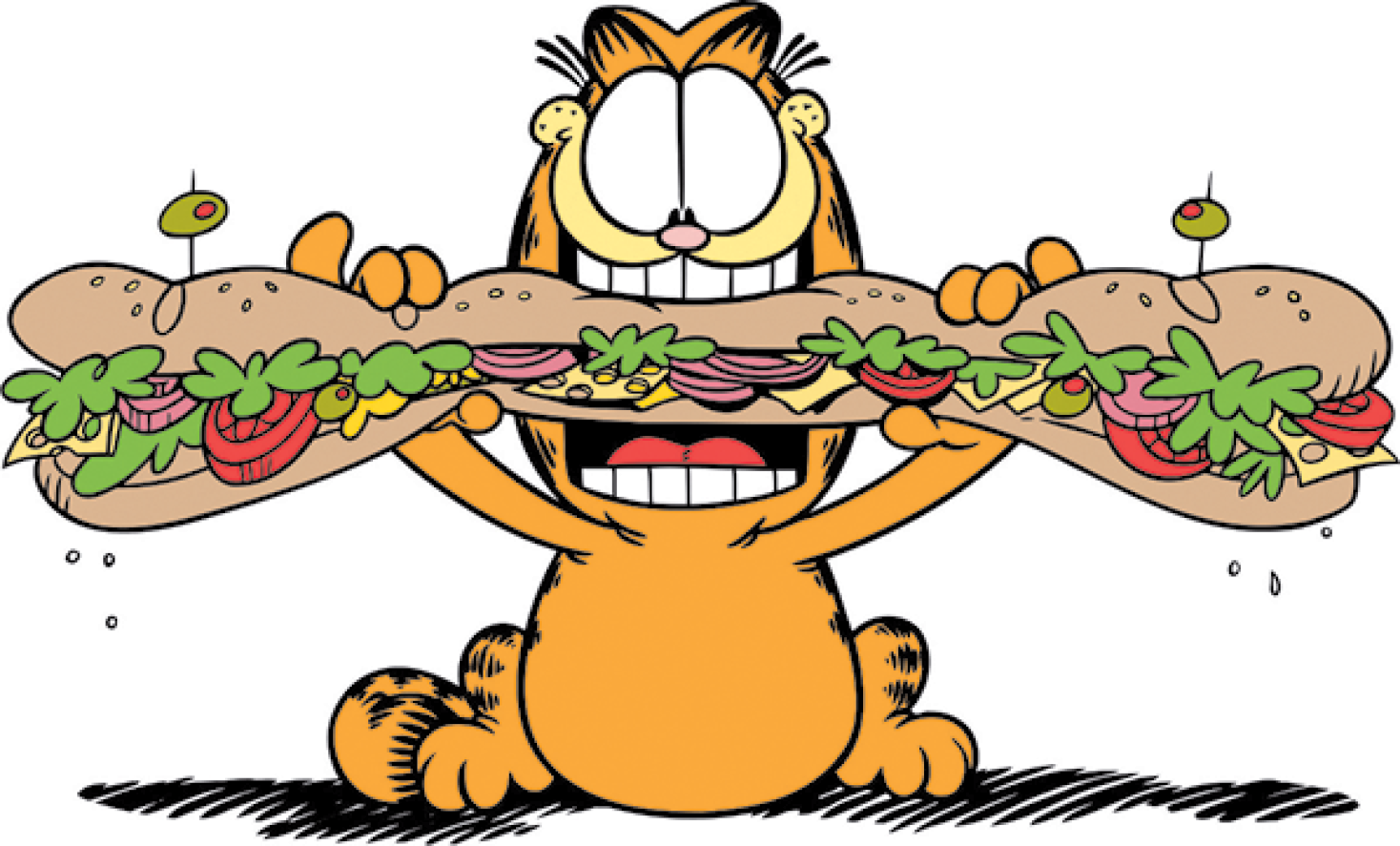 Ilustração. Garfield, gato de tamanho médio, de cor laranja, com os olhos grandes, arredondados, manchas em preto no rabo e no dorso do corpo. Ele está sentado, de frente, segurando as patas dianteiras um sanduíche grande de frente para a boca dele, bem aberta. O sanduíche está na horizontal, uma azeitona verde espetada em cada lado e, dentro, recheio com alface, tomates, queijo e pedaços de cebolas roxas.