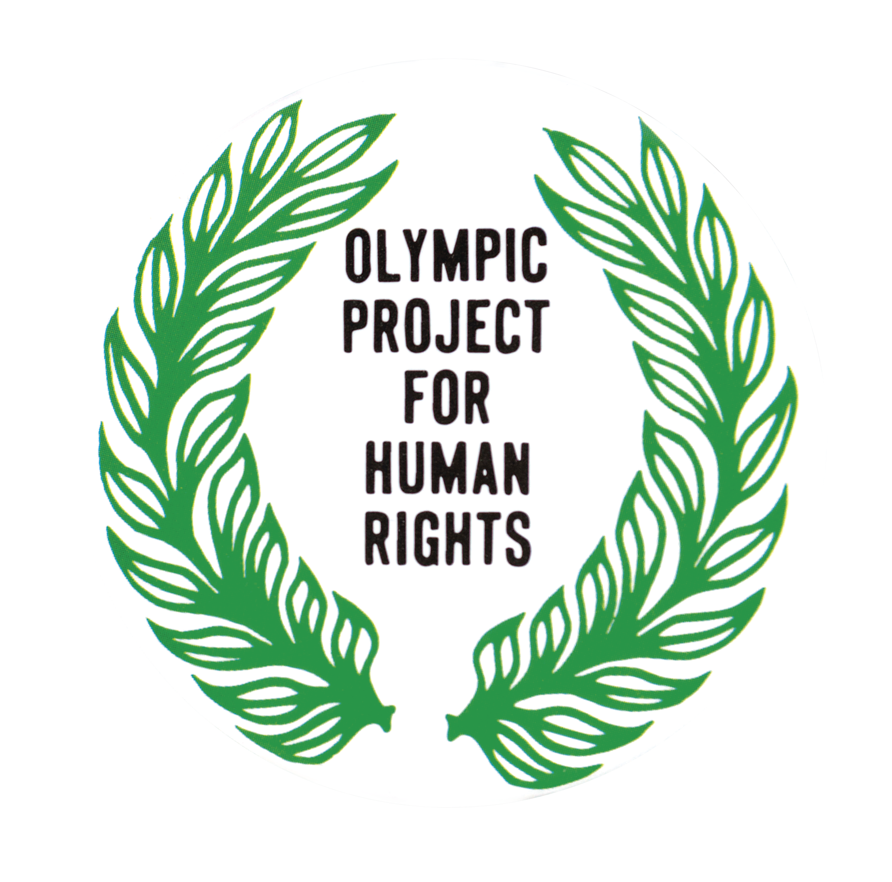 Ilustração. Uma coroa de folhas de louro em verde, à esquerda e à direita. Ao centro, texto em preto; Olympic Project for human rights.