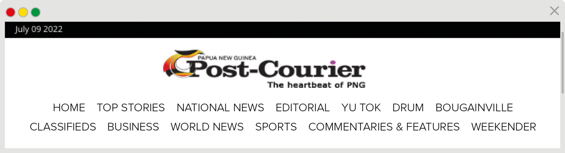 Reprodução de página da internet. Na parte superior, título: Papua New Guinea, Post-Courier, The heartbeat of PNG. Na parte inferior, menus: HOME, TOP STORIES, NATIONAL NEWS, EDITORIAL, YU TOK, DRUM, BOUGAINVILLE, CLASSIFIEDS, BUSINESS, WORLD NEWS, SPORTS, COMMENTARIES AND  FEATURES, WEEKENDER.