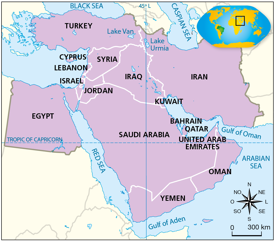 Mapa. Na parte superior, à direita, foco em globo terrestre com quadrado pequeno em destaque para região entre África e Europa. No canto inferior direito, uma rosa dos ventos com as direções: N, NO, O, SO, S, SE, L, NE. Escala: zero, three hundred kilometers. Países: Norte da África: Egyt, e no Oriente médio: Turkey, Syria, Cyprus, Lebanon, Israel, jordan, Iraq, Iran, Kuwait, Saudi Arabia, Bahrain, Qatar, United Arab Emirates, Yemen e Oman.