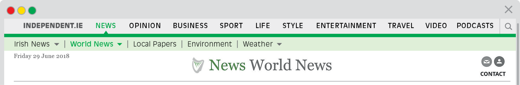 Reprodução de página da internet. Na parte superior, menus: INDEPENDENT.IE, NEWS, OPINION, BUSINESS, SPORT, LIFE STYLE, ENTERTAINMENT, TRAVEL, VIDEO, PODCASTS. Selecionado o menu: NEWS. Abaixo, outros menus: Irish News, World News, Local Papers, Environment, Weather. Friday June twenty-nine, two thousand eighteen.