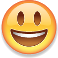 Ilustração. Emoji sorrindo. Rosto arredondado amarelo com olhos abertos e boca em sorriso aberto.