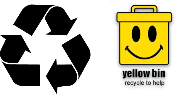 Duas ilustrações. Ilustração um: Símbolo de reciclagem composto por três setas pretas, formando um triângulo. Ilustração dois: Uma lixeira amarela com olhos e sorriso em preto e texto: yellow bin, recycle to help.