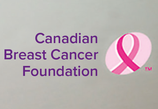Anúncio. Fundo em cinza-claro. À direita, uma fita rosa-escuro em looping e fundo em rosa-claro. À esquerda, texto em lilás: Canadian Breast Cancer Foundation.