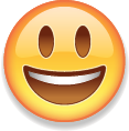 Emoji sorrindo. Rosto arredondado amarelo com olhos abertos e boca em sorriso aberto.