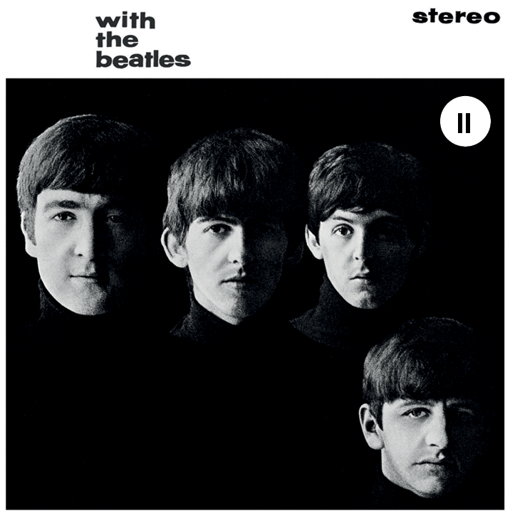 Capa de LP em preto e branco. Número dois. Grupo The Beatles, com quatro homens vistos da cintura para cima, de blusa preta, cabelos escuros, lisos de franja.