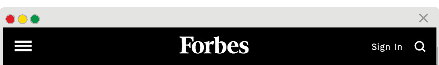Reprodução de página da internet.  Faixa preta com o nome Forbes no centro. À direita, as palavras SIGN IN e um símbolo de lupa.>