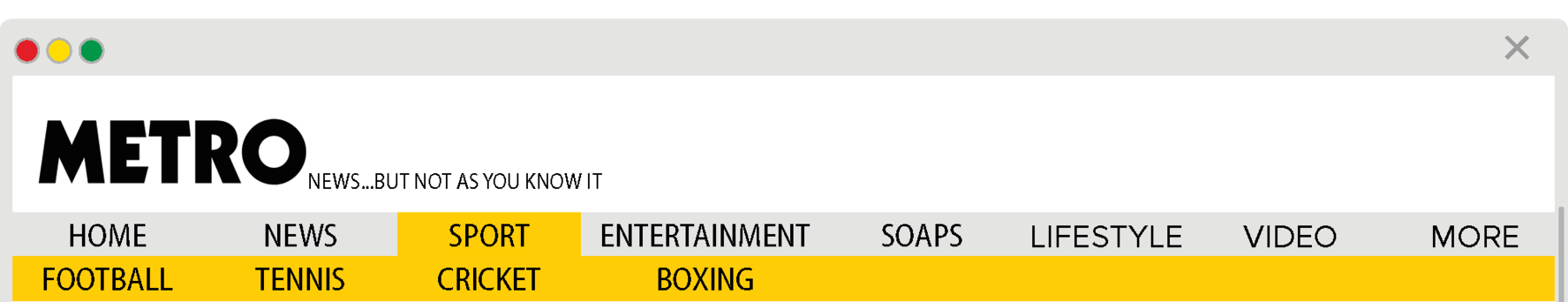 Reprodução de página da internet.  Na parte superior, título: METRO NEWS...BUT NOT AS YOU KNOW IT. Menus: HOME, NEWS, SPORT, ENTERTAINMENT, SOAPS, LIFESTYLE, VIDEO, MORE, FOOTBALL, TENNIS, CRICKET, BOXING.