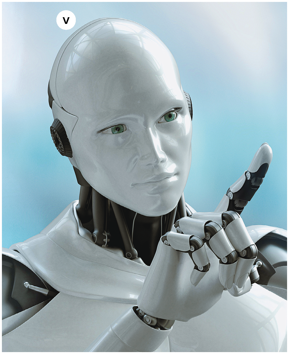 Fotografia. Numero cinco. Um robô visto dos ombros para cima, de cor branca, com cabeça careca e detalhes no pescoço, ombros, orelhas e nas articulações dos dedos em preto. Ele olha para frente, com o dedo indicador da mão esquerda para cima.