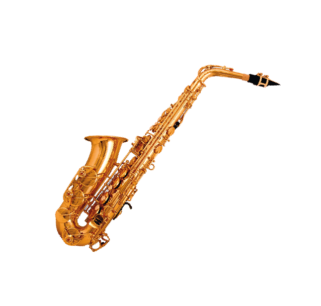 Fotografia. Um saxofone dourado, com botões abaixo e na ponta superior, tem preto.