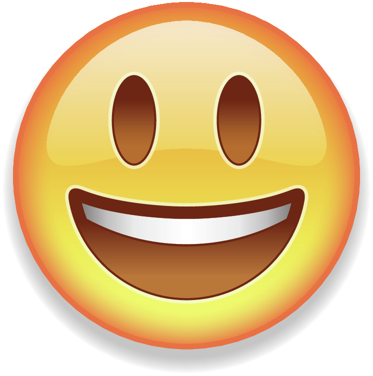 Emoji sorrindo. Rosto arredondado amarelo com olhos abertos e boca em sorriso aberto.