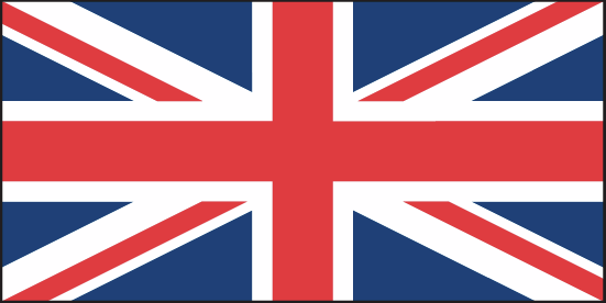 Ilustração. Bandeira do Reino Unido. Retangular na horizontal. Ao centro, uma cruz em vermelho com contornos em branco e duas listras cruzadas em vermelho também com contornos em branco.