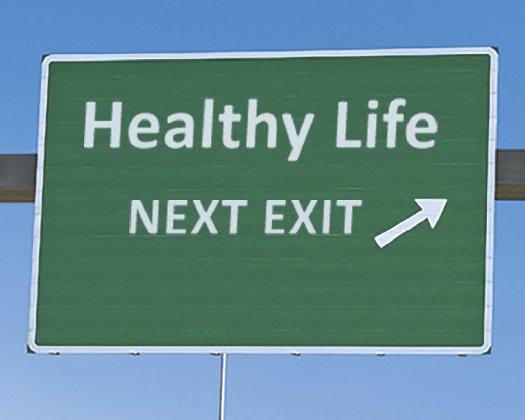 Fotografia. Vista do alto, uma placa em verde, texto e contorno em branco: Healthy Life – Next Exit. Flecha direita para cima. Ao fundo, céu em azul-claro.