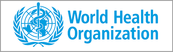 Logotipo. Em azul-claro esfera arredondada com o mapa mundi e ao redor, folhas de louro de baixo para cima. À direita, texto: World Health Organization.