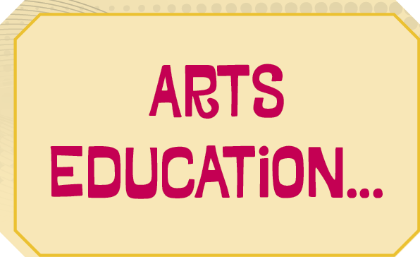 Ilustração. Retângulo na horizontal em bege-claro e texto em roxa: ARTS EDUCATION...