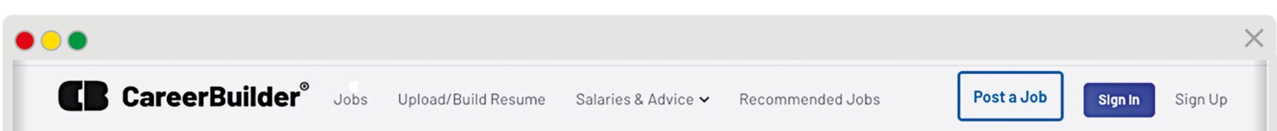 Reprodução de página da internet. Na parte superior, à esquerda, texto em preto com logotipo em CB, Career Builder. Menus: Jobs, Upload, Build Resume, Salaries and Advice, Recommended Jobs. Botões: Post a Job, Sign In, Sign Up.