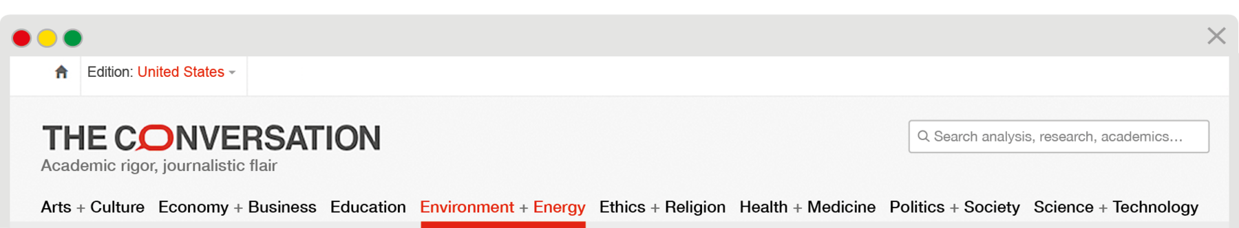 Reprodução de página da internet.
Na parte superior, à esquerda, texto: Edition: United States. Título: The Conversation Academic rigor, journalistic flair. Menus: Arts plus Culture, Economy plus, Business, Education, Environment plus Energy, Ethics plus Religion, Health plus Medicine, Politics plus Society, Science plus Technology.
