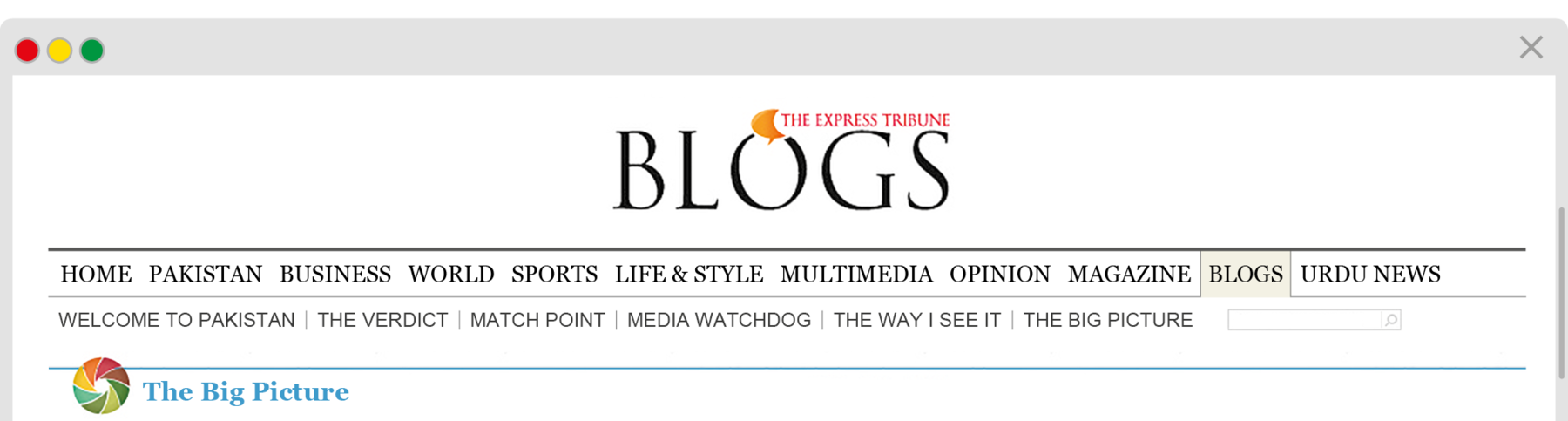 Reprodução de página da internet.
Na parte superior, Título: The Express Tribune  Blogs. Menus: HOME, PAKISTAN, BUSINESS, WORLD, SPORTS, LIFE & STYLE, MULTIMEDIA, OPINION, MAGAZINE, BLOGS, URDU NEWS. WELCOME TO PAKISTAN ,THE VERDICT, MATCH POINT, MEDIA WATCHDOG, THE WAY I SEE IT, THE BIG PICTURE. À esquerda, forma redonda com faixas coloridas e texto: The Big Picture.