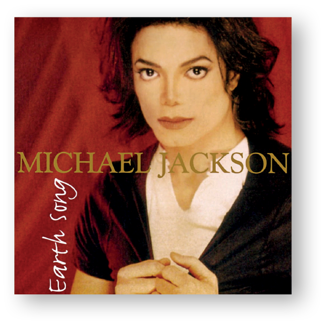 Capa de CD. Fotografia do cantor Michael Jackson, visto dos ombros para cima, com cabelos escuros até o pescoço, usando camisa branca e colete de veludo cor de vinho por cima. Ao centro, o nome do cantor e o título do CD: Earth Song.