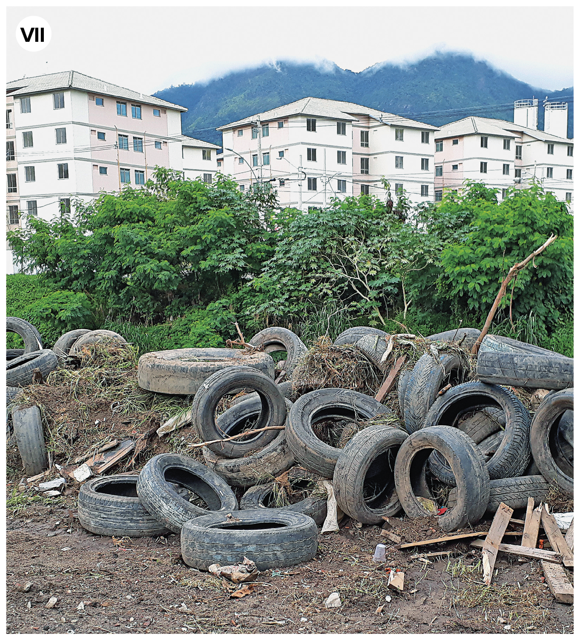 Fotografia. Número sete. Vista geral de terreno baldio com solo de terra marrom, vários pneus velhos descartados. Mais ao fundo, vegetação em folhas em verde. Em segundo plano, prédios de tamanhos médio, paredes brancas e janelas pequenas. Mais ao fundo, morros escuros e céu em tons de branco.