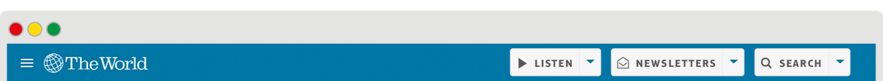 Reprodução de página da internet. O nome do site é The World. Na barra superior, há três botões: Listen, Newsletters e Search.