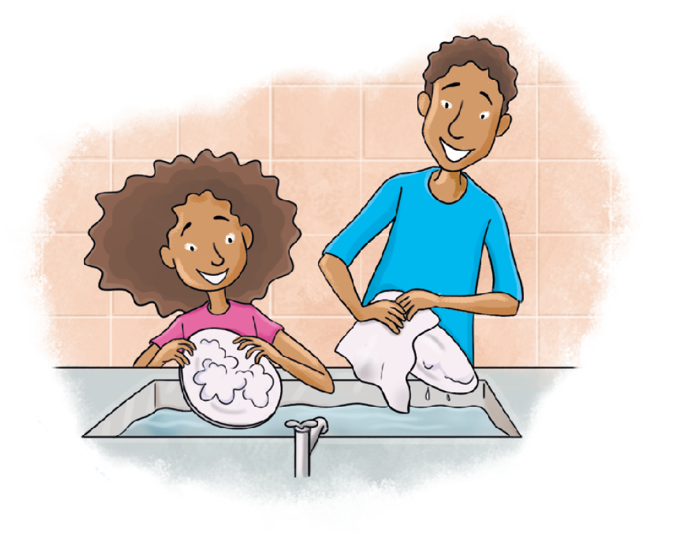 Ilustração. Um homem e uma menina na cozinha. Ela lava a louça e ele enxuga com um pano.