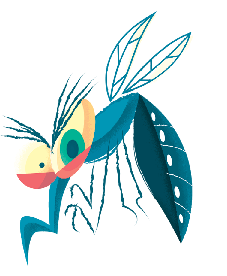 Ilustração. Mosquito com pintas claras na parte de trás do corpo. Ele tem olhos esbugalhados, duas asas e patas finas.