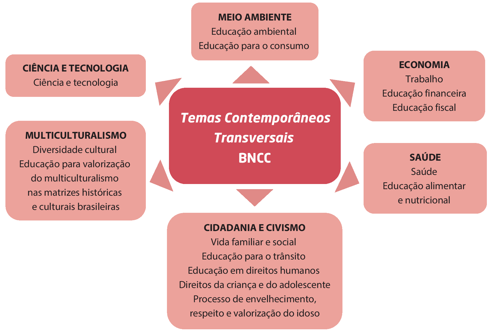 Esquema. Seis quadros dispostos ao redor de um quadro central em que está escrito 'Temas contemporâneos transversais. BNCC'. Conteúdo dos quadros:  quadro 1: 'Meio ambiente: Educação ambiental; Educação para o consumo'; quadro 2: 'Economia: Trabalho; Educação financeira; Educação fiscal'; quadro 3: 'Saúde: Saúde; Educação alimentar e nutricional'; quadro 4: 'Cidadania e civismo: Vida familiar e social; Educação para o trânsito; Educação em direitos humanos; Direitos da criança e do adolescente; Processo de envelhecimento, respeito e valorização do idoso'; quadro 5: 'Multiculturalismo. Diversidade cultural: Educação para valorização do multiculturalismo nas matrizes históricas e culturais brasileiras'; quadro 6: 'Ciência e tecnologia. Ciência e tecnologia'.