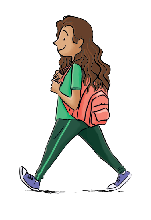 Ilustração. Menina de perfil. Ela está de uniforme e carrega uma mochila nas costas. Tem o cabelo longo e o tênis roxo.