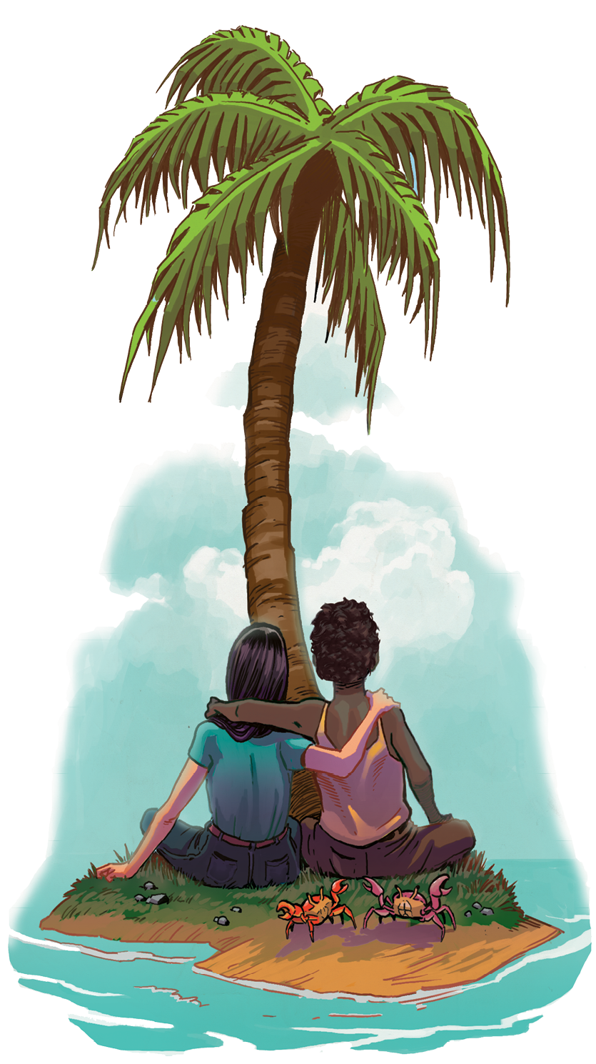 Ilustração. Casal de costas, sentados em uma ilha. À esquerda pessoa branca de cabelo comprido, usando calça e camiseta. À direita pessoa negra, cabelo curto, usando regata. Estão abraçadas. Na frente dela um coqueiro. Atrás dois caranguejos.