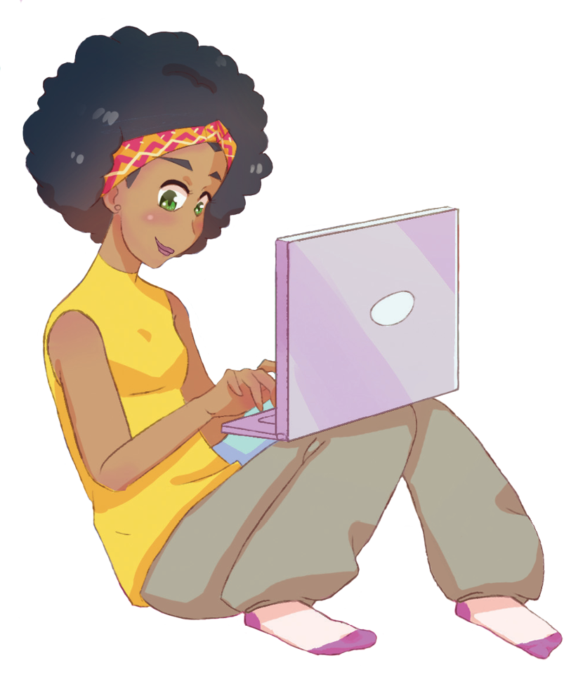 Ilustração. Moça negra, de bochechas rosadas, cabelo Black Power enfeitado por uma faixa. Está sentada, com as pernas encolhidas e joelhos para cima. Sobre eles, um notebook aberto.
