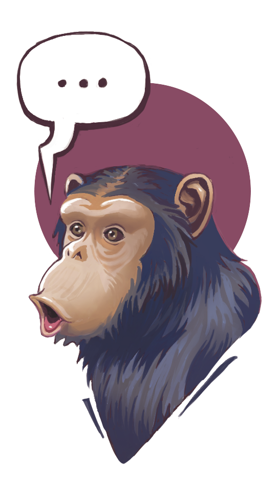 Ilustração. Busto de macaco de pelagem preta e longa. Tem o rosto marrom. Os olhos são arredondados e o nariz, pequeno. Está fazendo bico com os lábios. Ao lado dele, um balão de fala com reticências.