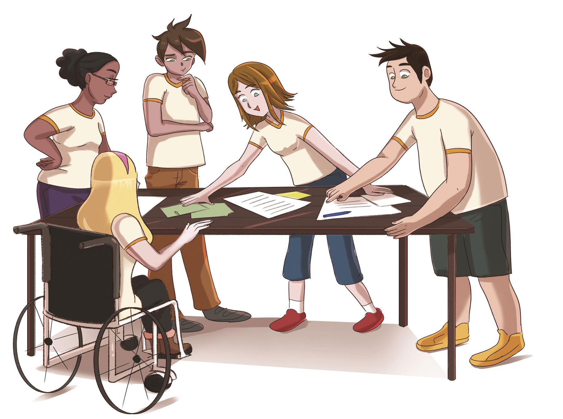 Ilustração. Jovens reunidos ao redor de uma mesa. Dois deles estão organizando papeis sobre ela. Os outros três observam.