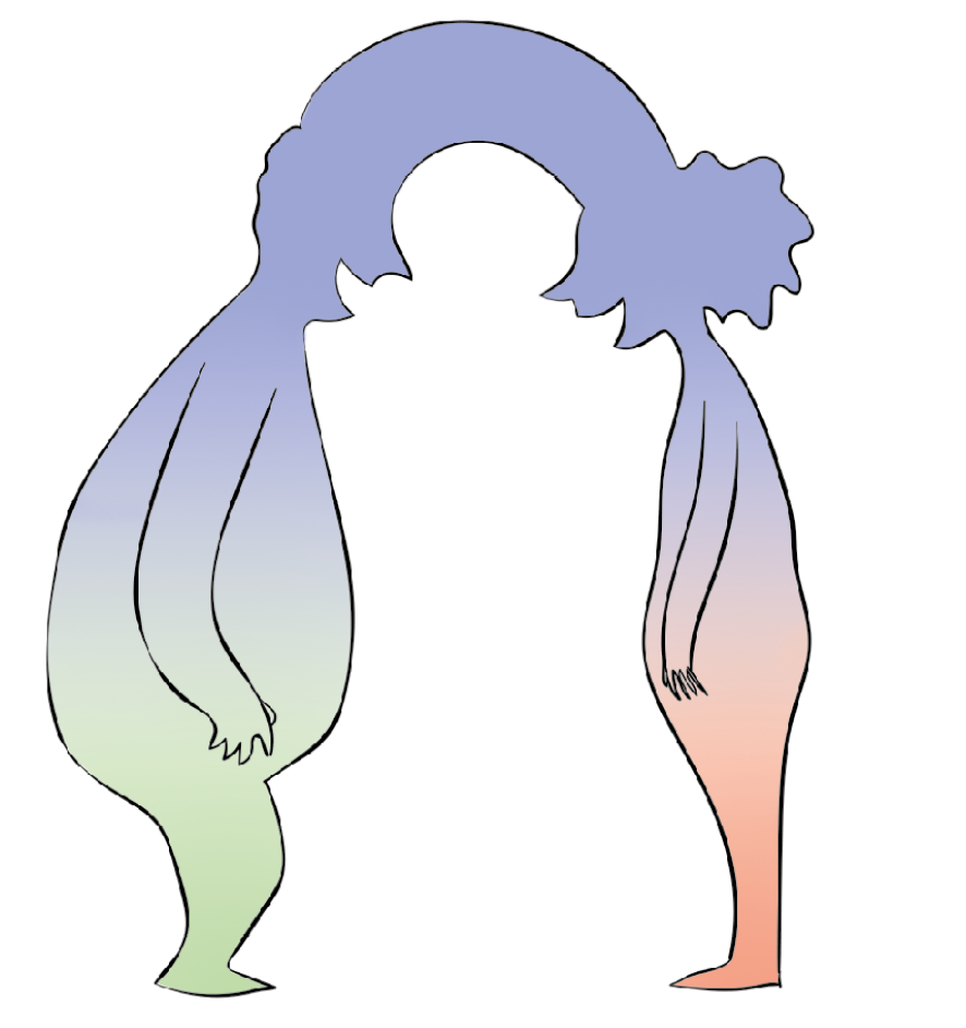 Ilustração. Silhueta de duas pessoas de perfil, uma de frente para a outra, em tons de azul-claro, verde-claro e cor-de-rosa. A pessoa da direita é mais magra que a pessoa da esquerda. Estão interligadas por um arco na cabeça.