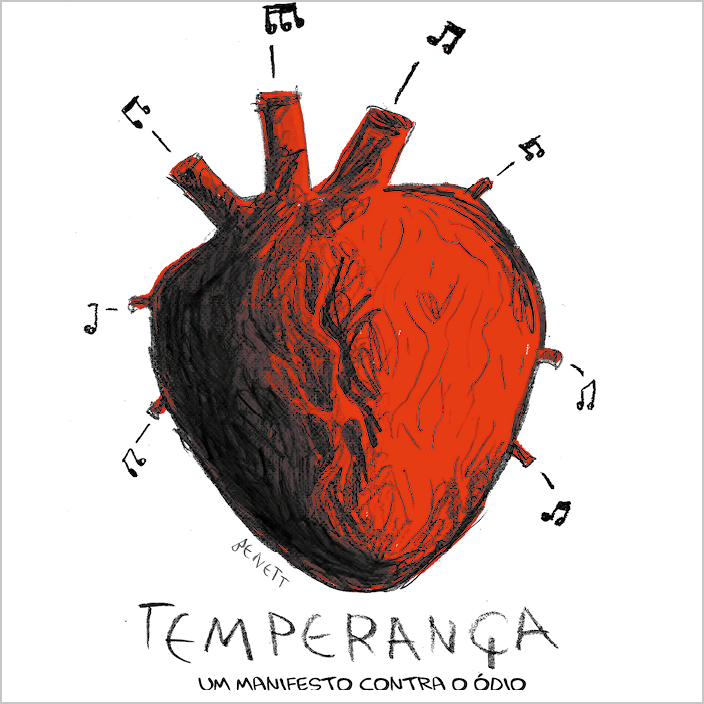 Capa de CD. Ilustração de coração vermelho, de formato oval com a parte superior mais larga. Nas saídas de veias e artérias, notas musicais. O fundo é branco.  Abaixo, o título: TEMPERANÇA, UM MANIFESTO CONTRA O ÓDIO.