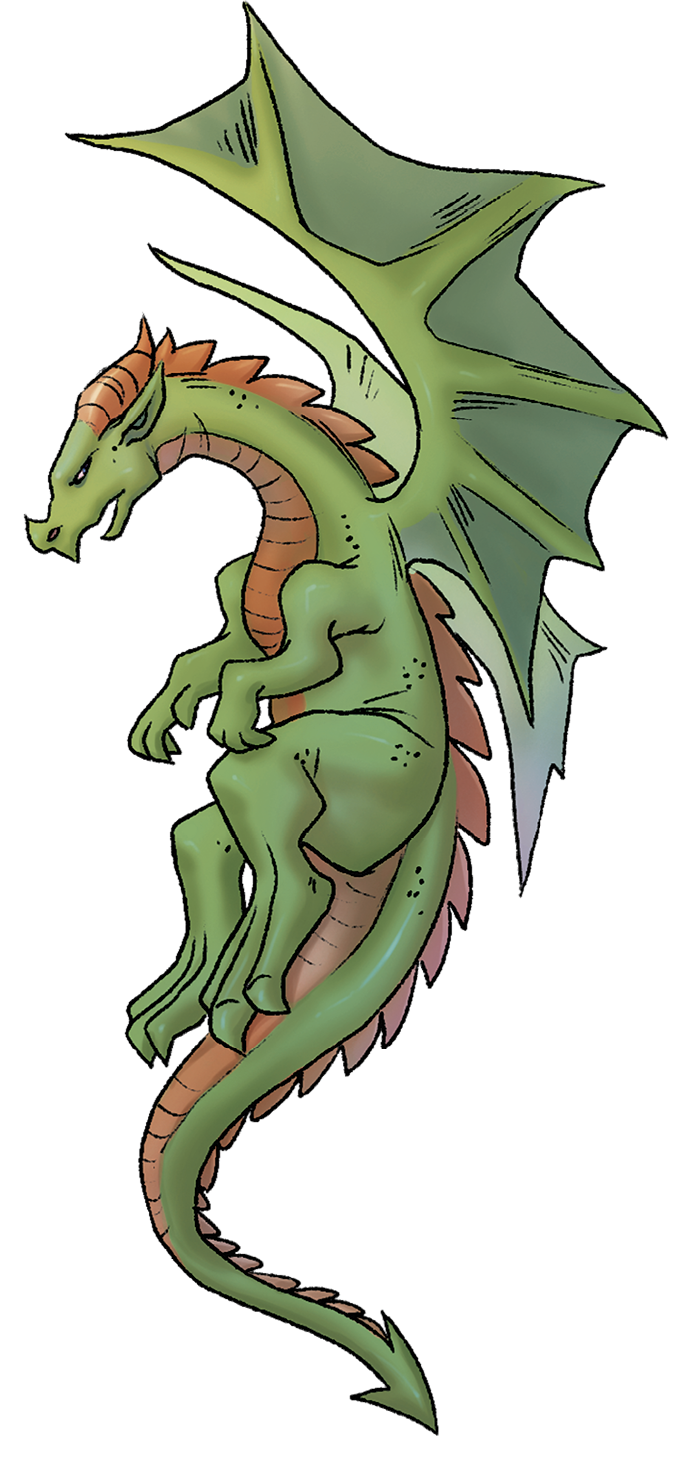 Ilustração. Grande dragão de perfil. Ele tem escamas e a barriga marrom. Tem asas largas e cauda longa, com uma seta na ponta.
