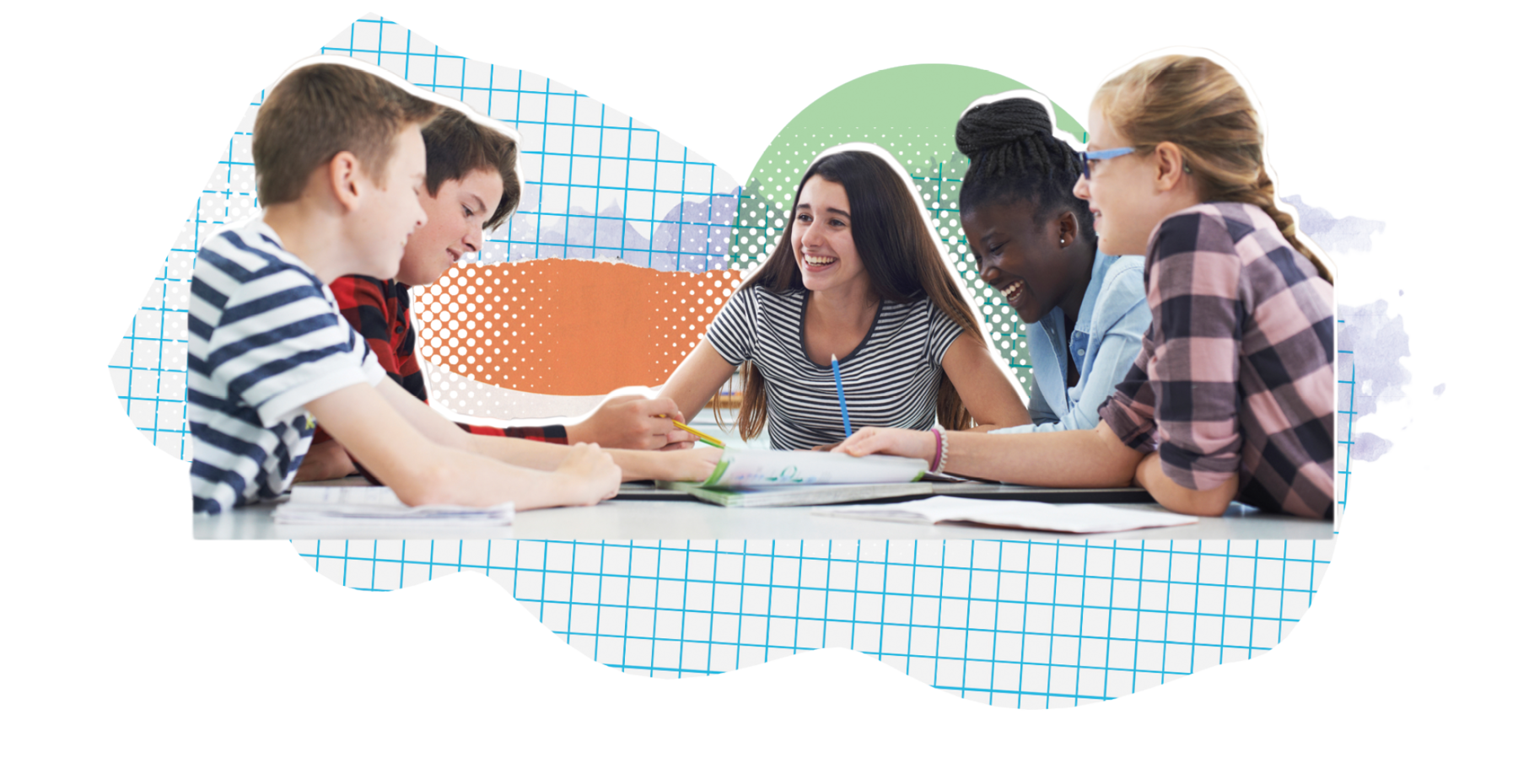 Fotomontagem. Jovens reunidos ao redor de uma mesa. Todos estão sorridentes. Alguns se olham entre si e outros olham para livros que estão sobre a mesa. Atrás deles, grafismos e folha quadriculada.