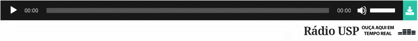 Reprodução de página da internet. Barra de acesso a recurso de áudio, com botão de tocar e de controle do som. Abaixo, os dizeres: Rádio USP. Ouça em tempo real.