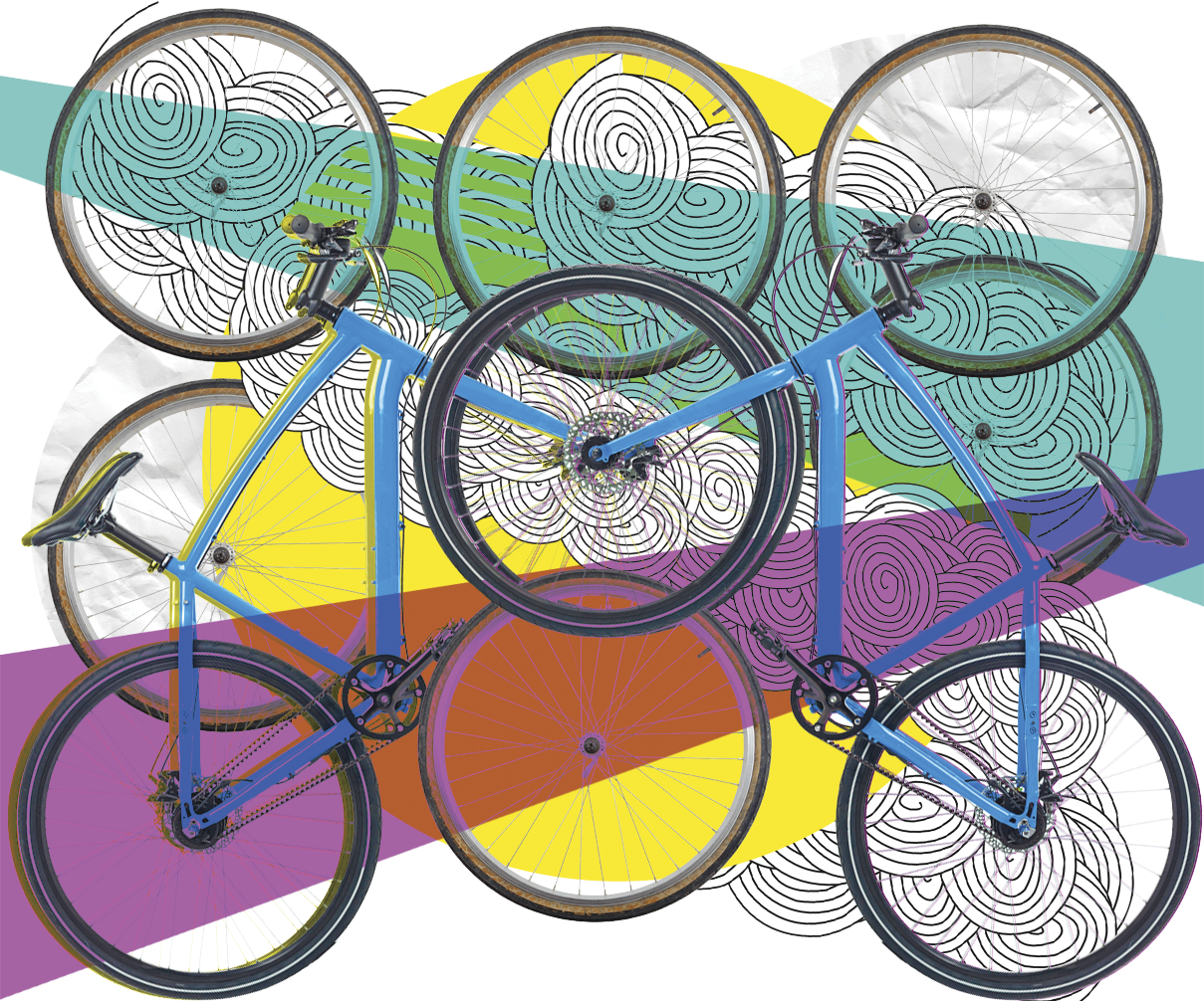 Fotomontagem. Duas bicicletas em pé, apoiadas na roda traseira. Ao redor delas, rodas de bicicleta. Atrás feixes coloridos e grafismos.