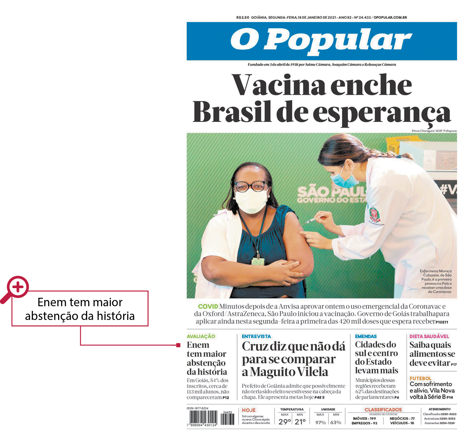 Capa de jornal. Título: O Popular. VACINA ENCHE BRASIL DE EPERANÇA. Fotografia de mulher sendo vacinada. Destacado em caixa de texto fora da imagem:  ENEM TEM MAIOR ABSTENÇÃO DA HISTÓRIA