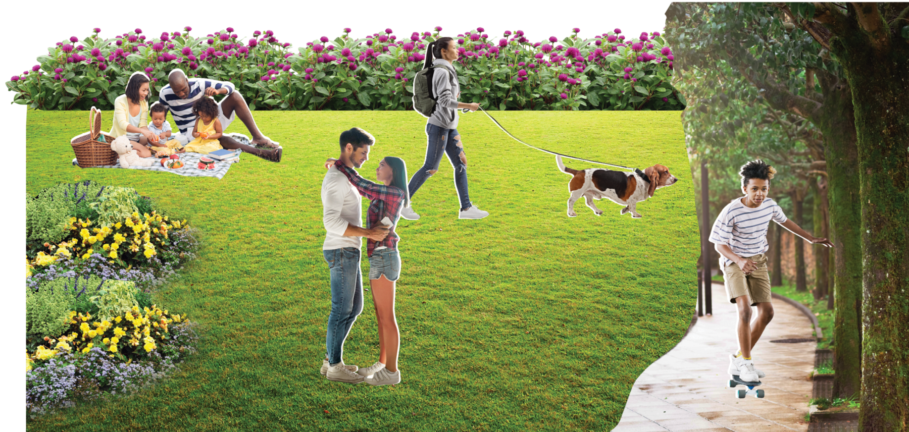 Fotomontagem. No centro, um gramado com flores amarelas à esquerda e flores roxas ao fundo. Sobre o gramado, recorte de fotos de um casal abraçado, uma moça passeando com um cachorro na coleira e uma família com duas crianças fazendo piquenique. À direita, recorte de uma foto de um garoto andando de skate entre as árvores.