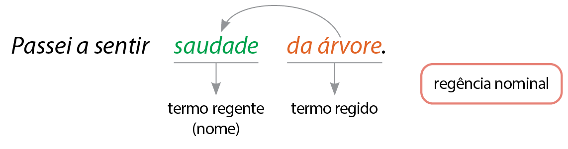 Esquema. Regência nominal. Passei a sentir saudade da árvore. saudade: termo regente (nome) da árvore: termo regido Seta demonstra que da árvore é complemento de saudade.