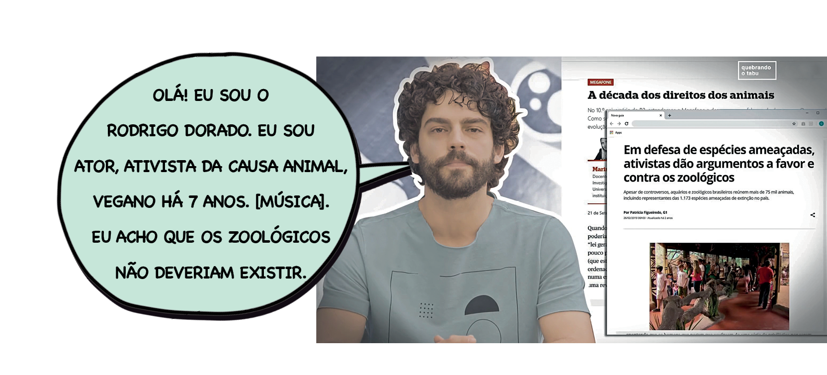 Fotomontagem. Cena de vídeo. À esquerda, homem de cabelo cacheado e barba. Ao lado dele, um balão de fala com as informações: OLÁ! EU SOU O RODRIGO DORADO. EU SOU ATOR, ATIVISTA DA CAUSA ANIMAL, VEGANO HÁ 7 ANOS. [MÚSICA]. EU ACHO QUE OS ZOOLÓGICOS NÃO DEVERIAM EXISTIR. À direita, manchetes sobrepostas. A DÉCADA DOS DIREITOS DOS ANIMAIS. EM DEFESA DE ESPÉCIES AMEAÇADAS, ATIVISTAS DÃO ARGUMENTOS A FAVOR E CONTRA OS ZOOLÓGICOS.