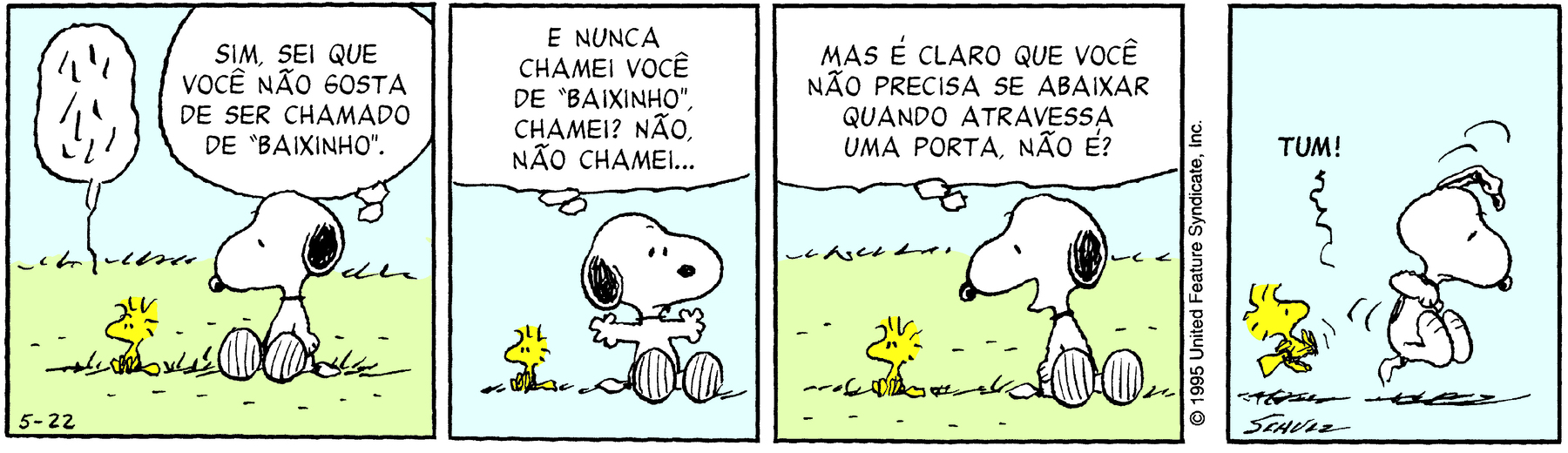 Tirinha. Snoopy, cachorrinho branco de cabeça comprida e orelhas pretas. Woodstock, pássaro amarelo com contorno preto. Quadrinho 1: Snoopy e Woodstock estão sentados na grama. Woodstock diz traços. Snoopy então responde: SIM. SEI QUE VOCÊ NÃO GOSTA DE SER CHAMADO DE 'BAIXINHO'. Quadrinho 2: Com os braços abertos Snoopy continua: E NUNCA CHAMEI VOCÊ DE 'BAIXINHO'. CHAMEI? NÃO, NÃO CHAMEI... Quadrinho 3: Olhando para Woodstock Snoopy fala: MAS É CLARO QUE VOCÊ NÃO PRECISA SE ABAIXAR QUANDO A ATRAVESSA UMA PORTA, NÃO É? Quadrinho 4: Woodsctock dá um chute na bunda de Snoopy e faz TUM!.