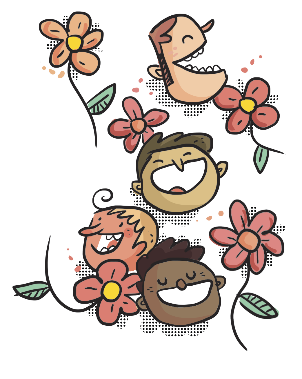 Ilustração. Rostos de pessoas sorridentes. Entre eles flores com caule e folhas.