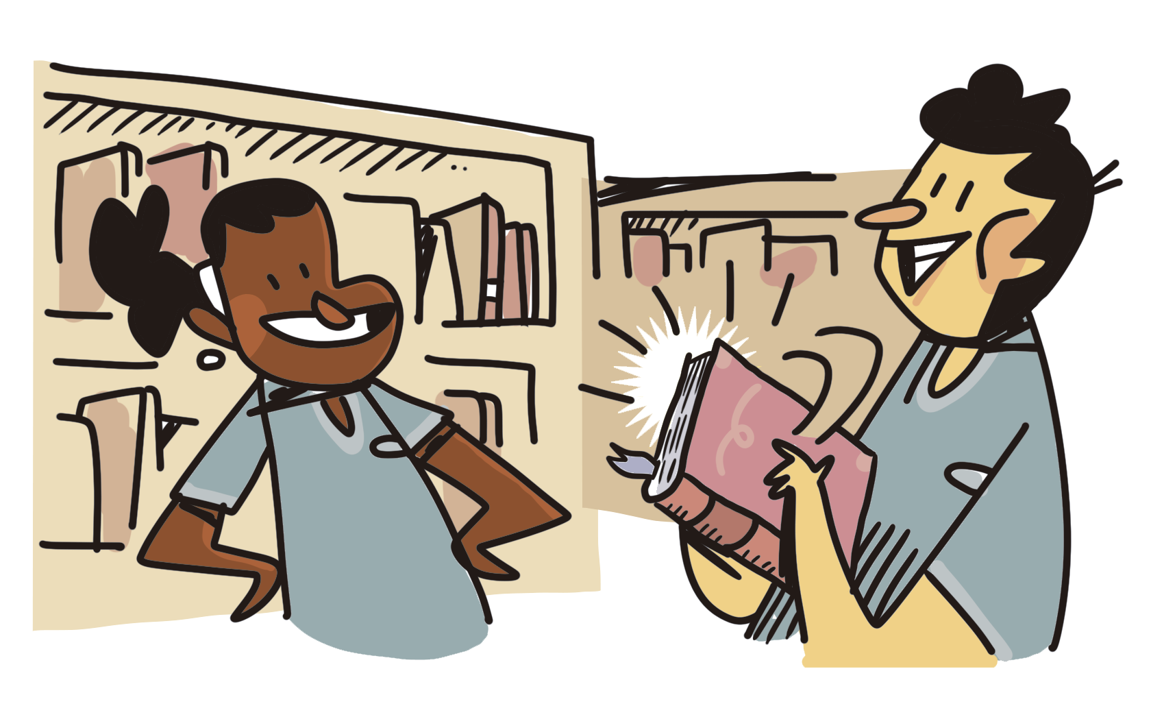 lustração. Dois jovens de uniforme em uma biblioteca. A menina está sorridente com as mãos na cintura. O menino está fechando um livro.